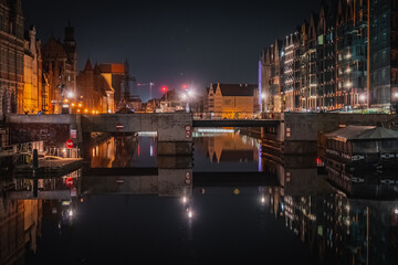 Night view of the "Green Bridge" in Gdansk, Poland.