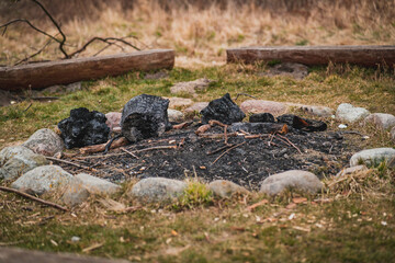 A burned out bonfire spot in a meadow.