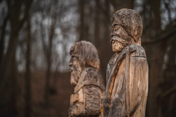 Rzucewo, Poland. Figures of Slavic figures in the settlement in Rzucewo in Poland.