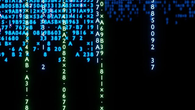 Matrix style background with code rain. Falling random numbers with space for your info or text. 3D rendering 