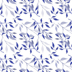 Seamless background with blue leave doodles, white background. Luxury pattern for creating textiles, wallpaper, paper. Vintage. Romantic floral Illustration