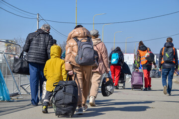 Refugees from Ukraine on the border with Slovakia. Women and children are fleeing the war in...