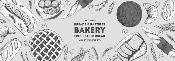 Bakery background. Bakery top view frame. Hand drawn sketch with bread, pastry, sweet. Bakery set vector illustration. Background design template . Engraved food image. Black and white package design.