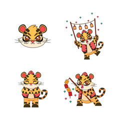 Set of cute lion cartoon with traditional clothes Zodiac sign Vector illustration