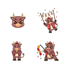 Set of cute ox cartoon with traditional clothes Zodiac sign Vector illustration