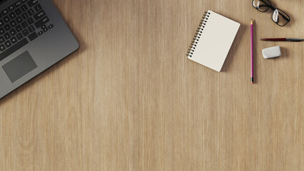 wooden desk top view with daylight, 3d rendering