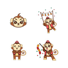 Set of cute monkey cartoon with traditional clothes Zodiac sign Vector illustration