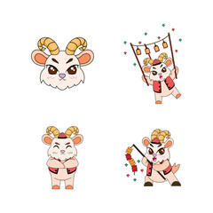 Obraz premium Set of cute goat cartoon with traditional clothes Zodiac sign Vector illustration