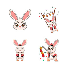 Set of cute rabbit cartoon with traditional clothes Zodiac sign Vector illustration