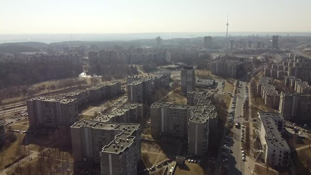 Soviet architecture with streets, apartmend buildings and tv tower in Vilnius, Lithuania