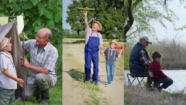 multiscreen, relationship with children, caring grandfather having fun outdoors with his grandchild, building a tent, playing with airplanes and fishing