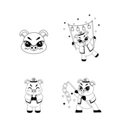 Set of cute pig cartoon with traditional clothes Zodiac sign Vector illustration