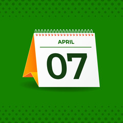 White and yellow calendar on green background. April 7th. Vector. 3D illustration.