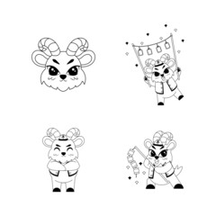 Set of cute goat cartoon with traditional clothes Zodiac sign Vector illustration