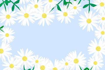 Frame of green stemmed daisies with copy space on blue background	

