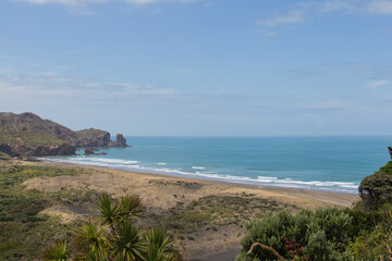Aerial view of Bethells Beach, West Coast Beach near Auckland, New Zealand.