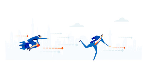 Successful business people competing with each other. Businesswoman flying with the rocket.  Business concept illustration