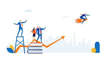 Business man flying with the rocket. Team support and monitoring the flight. Business concept illustration