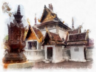 Naklejka premium Landscape of ancient northern architecture in Chiang Mai Thailand watercolor style illustration impressionist painting.