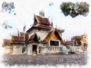 Landscape of ancient northern architecture in Chiang Mai Thailand watercolor style illustration impressionist painting.