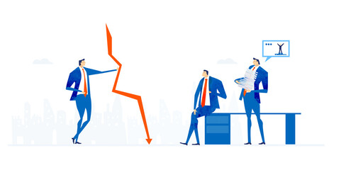 Business people talking in the office. Businessman holds arrow which points down as symbol of problem, economic crisis.  Business concept illustration