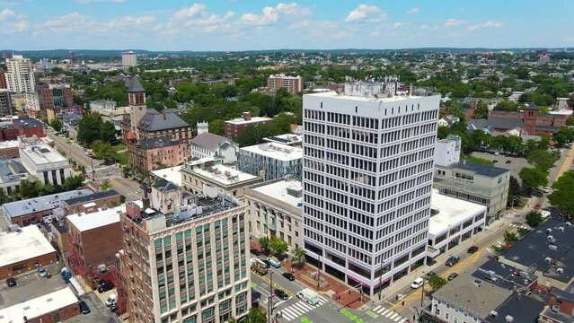 Cambridge downtown along Massachusetts Avenue and City Hall aerial view on Massachusetts Avenue in downtown Cambridge, Massachusetts MA, USA.