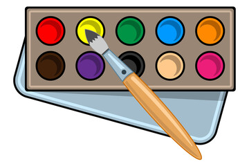 watercolor paints box with a brush