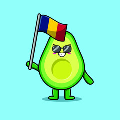 Cute cartoon Avocado mascot character with Rumania flag in modern design 
