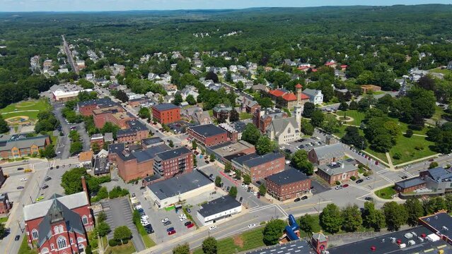 Clinton historic town center aerial view at Union Street and High Street in Worcester County, Massachuetts MA, USA.
