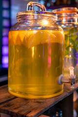 Big glass glass jar with tap filled with fresh healthy lemon lemonade drink served in bar for party