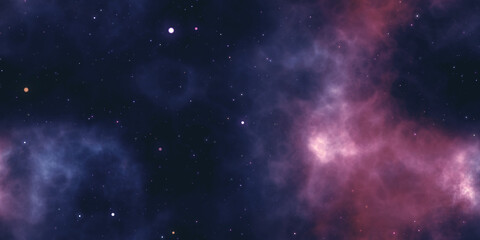Fototapeta na wymiar Seamless space texture background. Stars in the night sky with purple pink and blue nebula. A high resolution astrology or astronomy backdrop pattern.