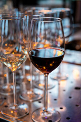 Many glasses of white and red white served for party or celebration