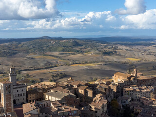Aerial view on old town Montepulciano, Tuscany, Italy