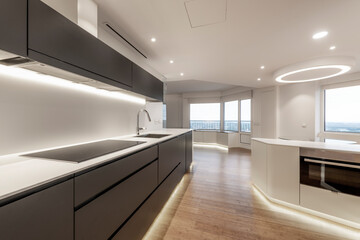 Kitchen of an apartment with black wooden furniture combined with white, large ceramic hob, oak parquet floors and large windows