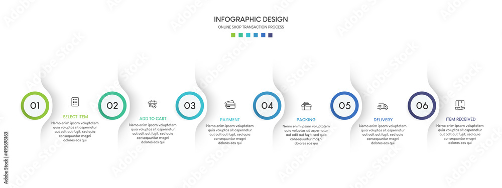 Aufkleber process of online shopping with 6 steps. steps business timeline process infographic template
