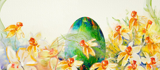 Happy Easter. Yellow flowers narcissus daffodils and easter egg. Watercolor