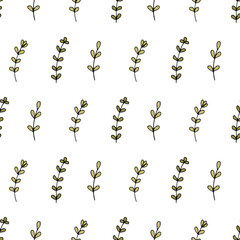 Vector surface design. Colored seamless pattern with doodle flowers. Nature eco concept. Petals, stems, leaves. Hand drawn background. For printing on fabric and paper. Backdrop for cards invitations.