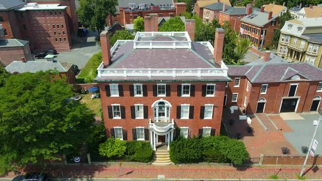 Andrew Safford House at 13 Washington Square West and Historic city center of Salem aerial view, Massachusetts MA, USA. 