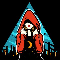 Vector illustration of hooded girl and moon
