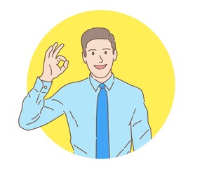 Smiling young businessman with "OK" hand gesture, cartoon hand drawn with thin stroke, vector illustration