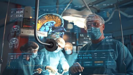 High tech hospital surgeons perform brain surgery using augmented reality display. Future advanced technology. Science futuristic digital concept. Doctor data, medical. - Powered by Adobe