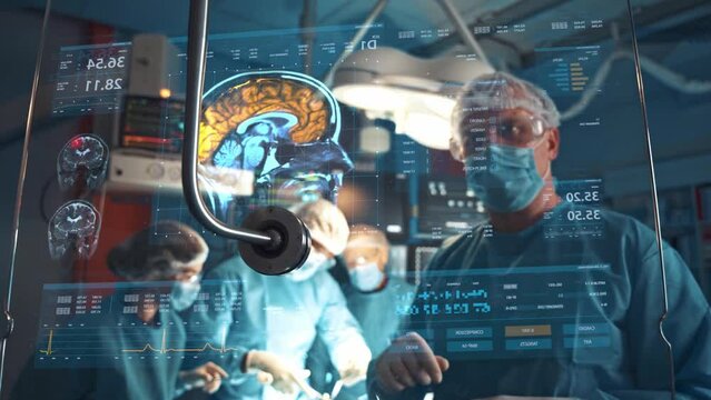 High tech hospital surgeons perform brain surgery using augmented reality display. Future advanced technology. Science futuristic digital concept. Doctor data, medical.