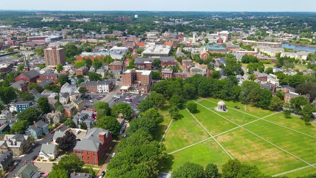 Aerial view of Salem historic city center and Salem Harbor in City of Salem, Massachusetts MA, USA.