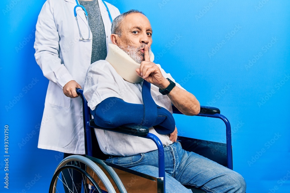 Poster handsome senior man with beard sitting on wheelchair with neck collar asking to be quiet with finger