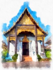 Naklejka premium Landscape of ancient northern architecture in Chiang Mai Thailand watercolor style illustration impressionist painting.