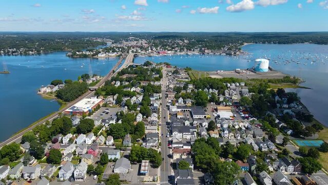 Aerial view of Salem Neck historic district, Danvers River, Beverly Harbor and Essex Bridge connecting Salem and Beverly in City of Salem, Massachusetts MA, USA.