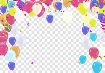 Party Balloons flowing from lower to across top. Holiday balloons and confetti flying on  background