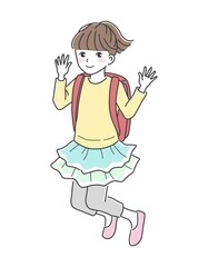 ランドセルを背負ってジャンプする女の子のイラスト素材