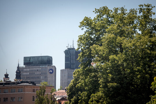 LJUBLJANA, SLOVENIA - JUNE 14, 2021: NLB Bank Group logo on their main office for Ljubljana on Cankarjev trg. NLB Group, formerly Ljubljanska Banka, is a Slovenian bank & financial services group.....