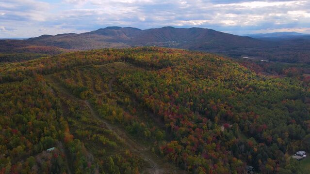 Ragged Mountain Resort and ski area aerial view with fall foliage in town of Danbury, New Hampshire NH, USA.
